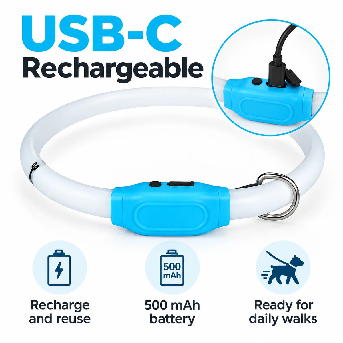 Rechargeable LED Dog Collar for Night Walks – 12 Light Modes