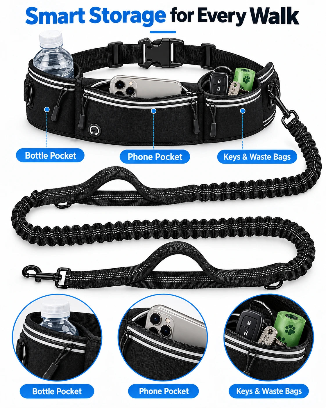 Hands-Free Dog Walking Belt & Bungee Leash