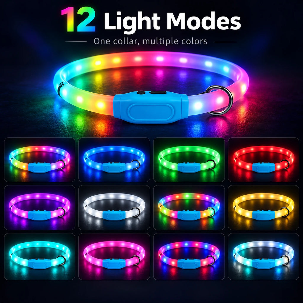 Rechargeable LED Dog Collar for Night Walks – 12 Light Modes