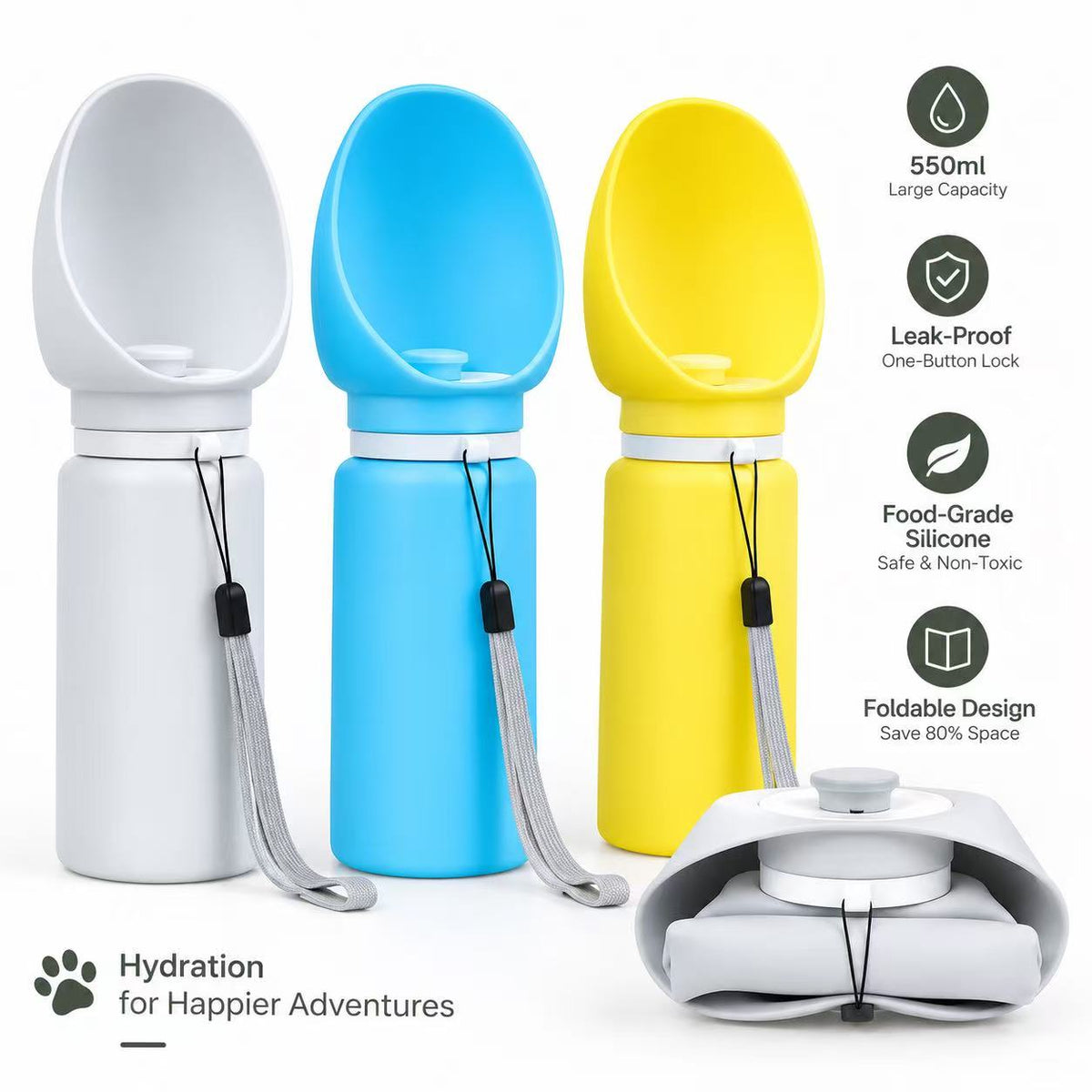 550ml Foldable Dog Water Bottle with Built-In Bowl
