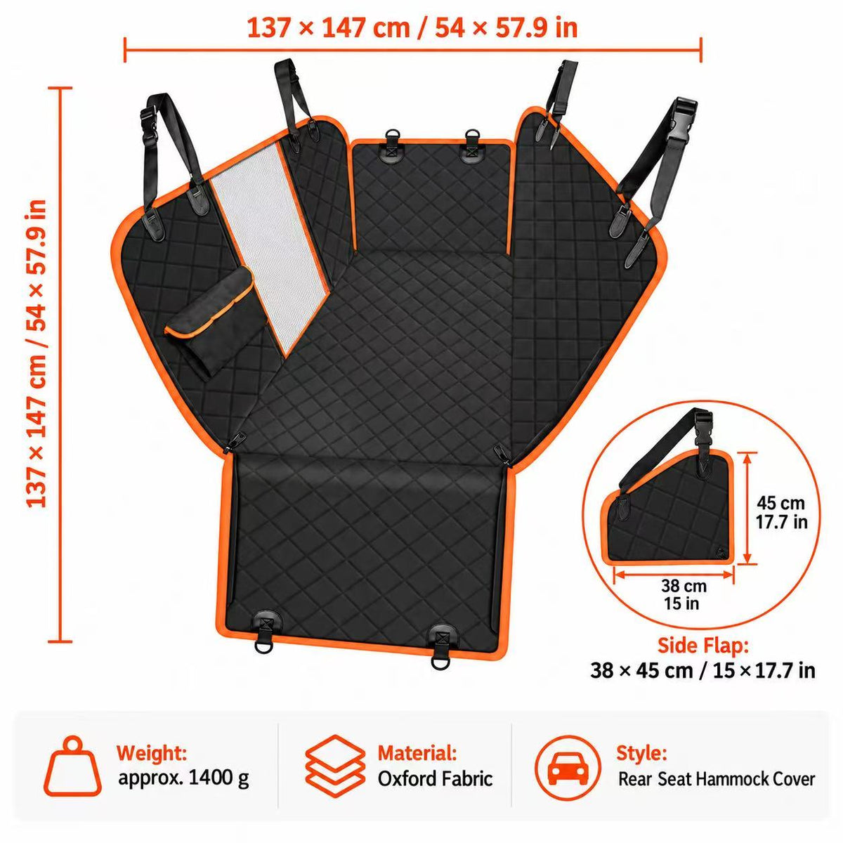 Water-Resistant Dog Car Seat Cover with Mesh Window & Side Flaps