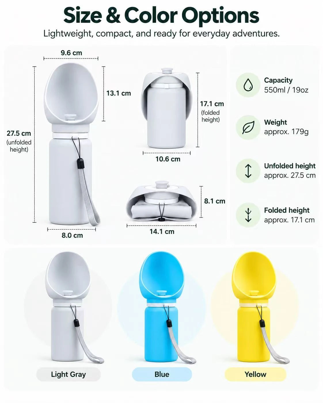 550ml Foldable Dog Water Bottle with Built-In Bowl