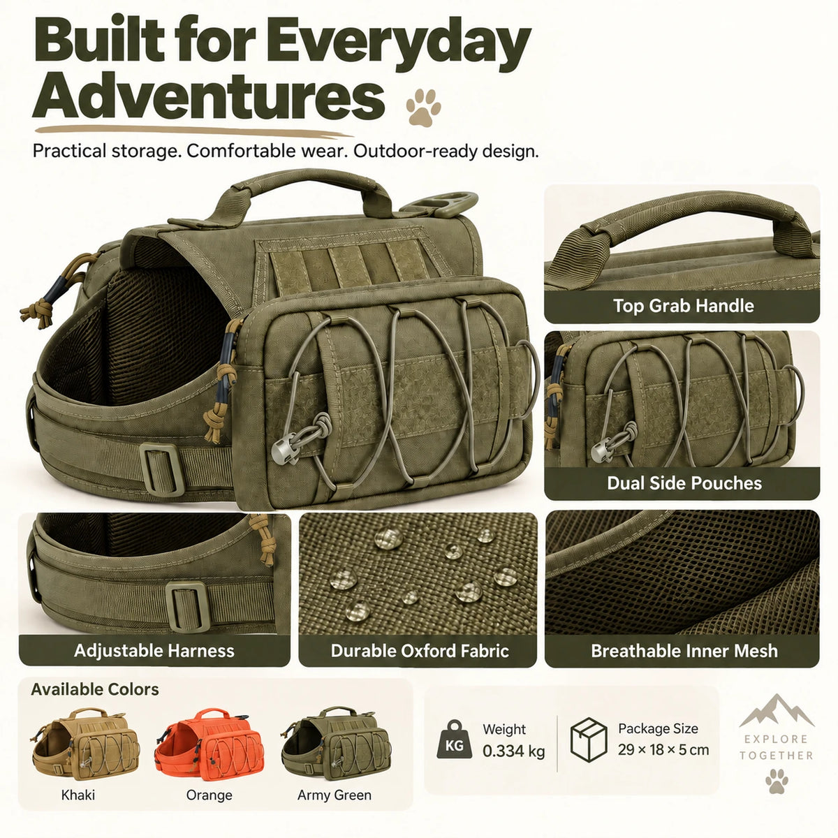 Outdoor Dog Hiking Backpack Harness with Side Pouches